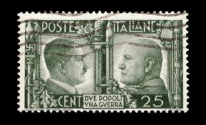 wartime Italian mail stamp featuring Hitler and Mussolini